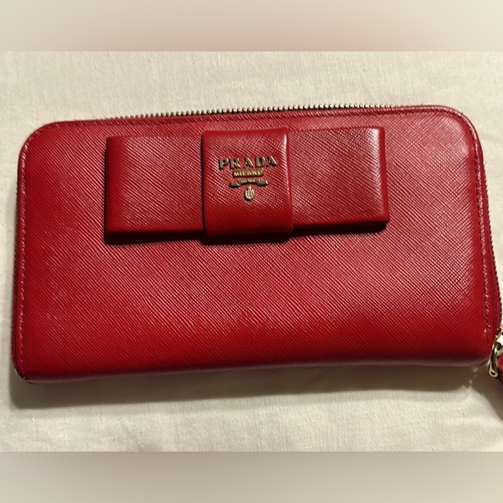PRADA Logo Ribbon Long Bifold Wallet Saffiano Leather Red